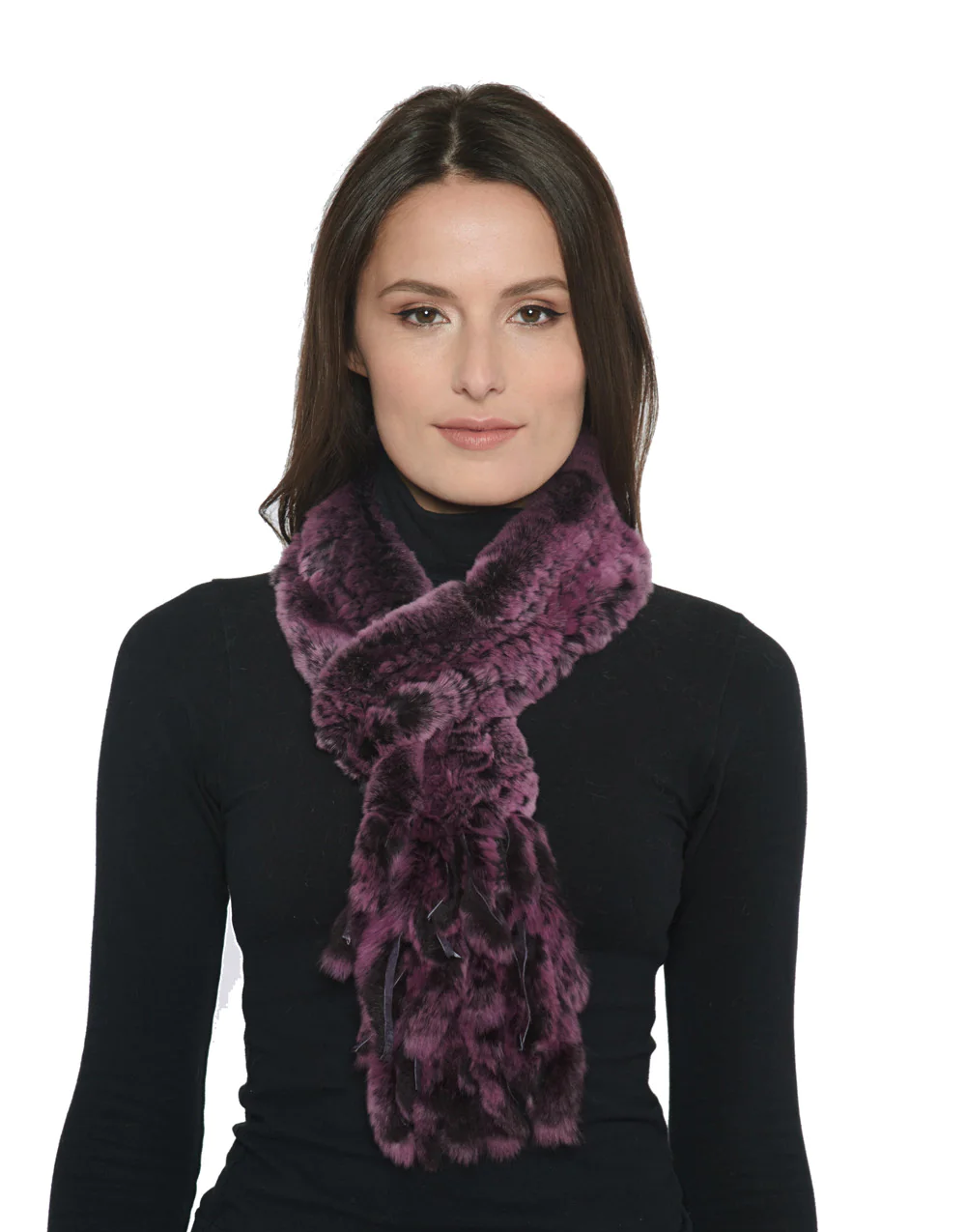 Fur Scarf - Knitted Rex rabbit loop scarf w/ fringes on one end